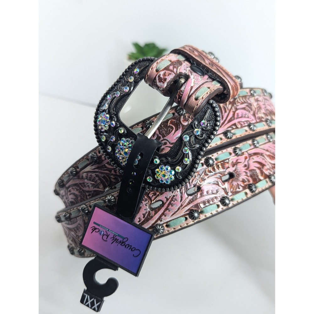 Roper Cowgirls Rock Western Belt Floral Embossed Crystal Buckle Pink Brown XXL